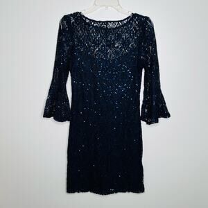Women's Black Lace Blue Sequin Mini Cocktail Dress - Witchy Bell Sleeves Size 2P